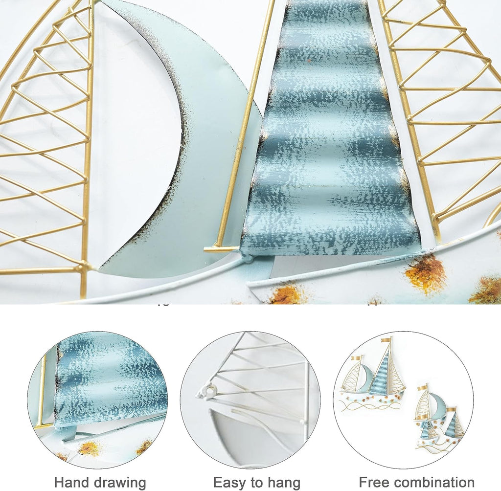 Set of 2 Blue Metal Sail Boat Wall Sculpture H3605