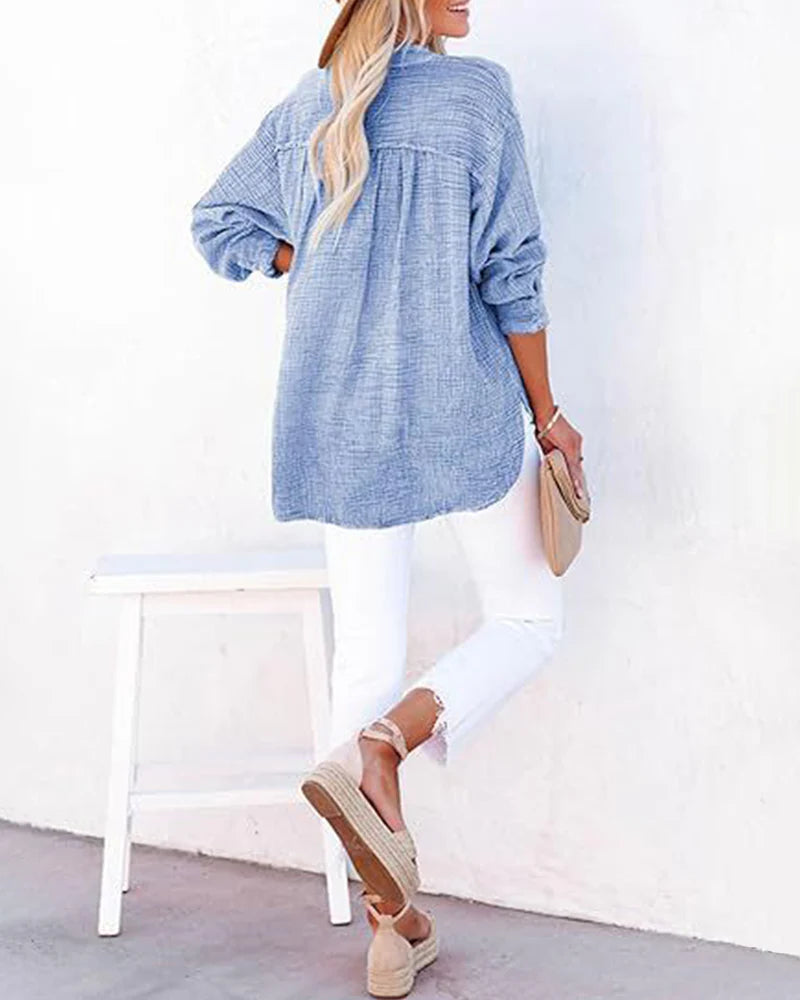 Womens Button V Neck Long Sleeve Shirts Solid Blouses Tops S585