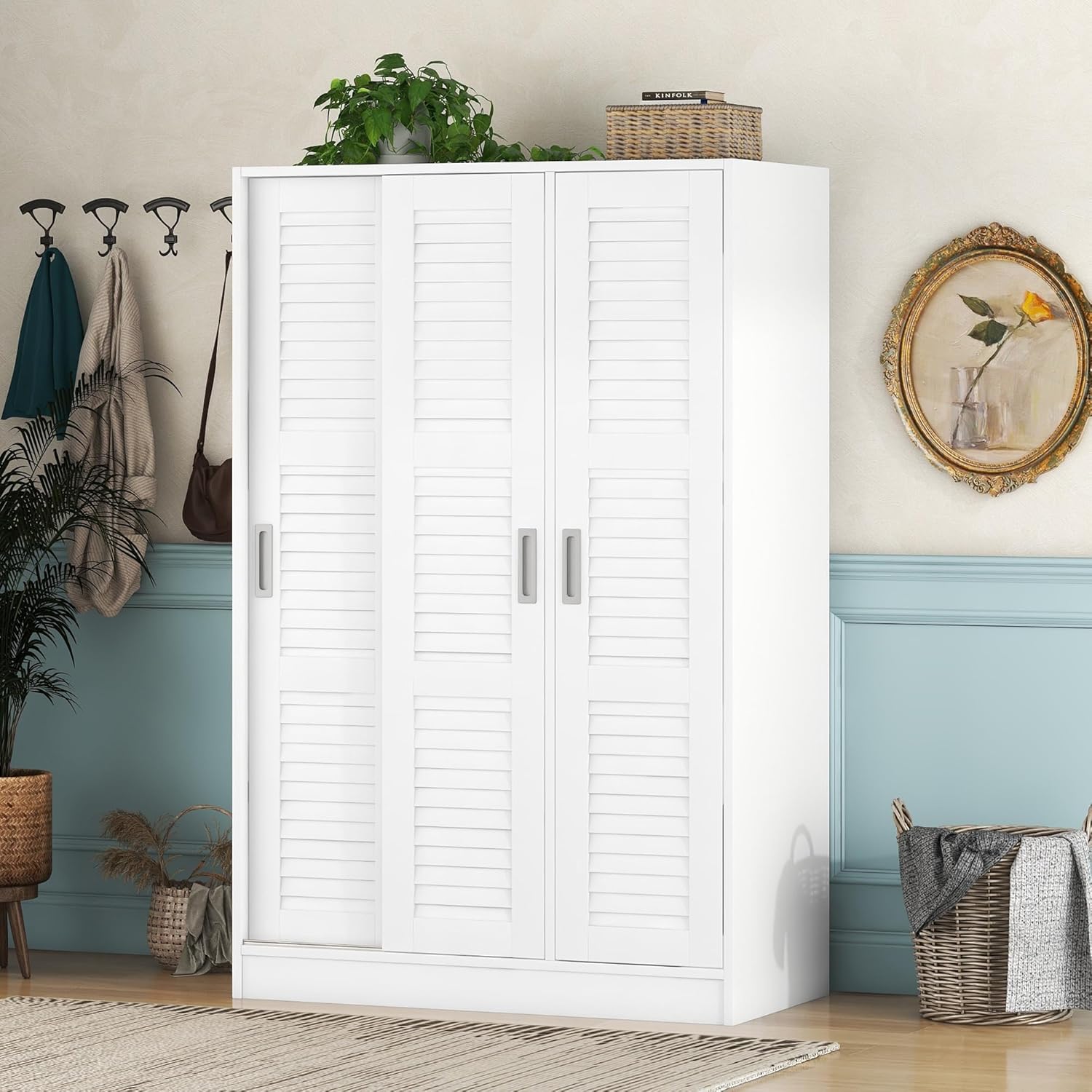 White 3 Doors Wood Wardrobe with Shelves and Hanging Rail J391830