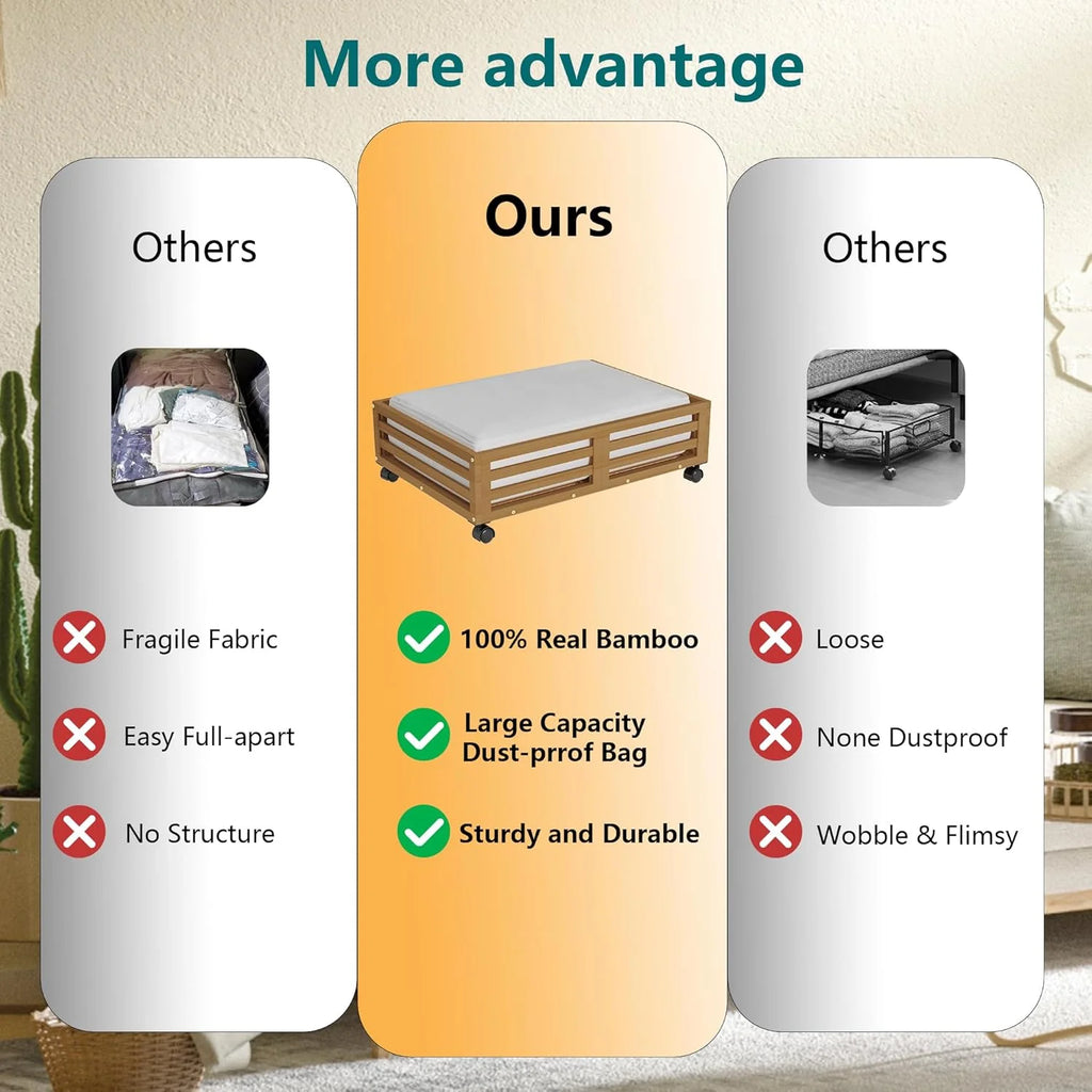 2 Pack Bamboo Under Bed Storage Containers with Wheels S444