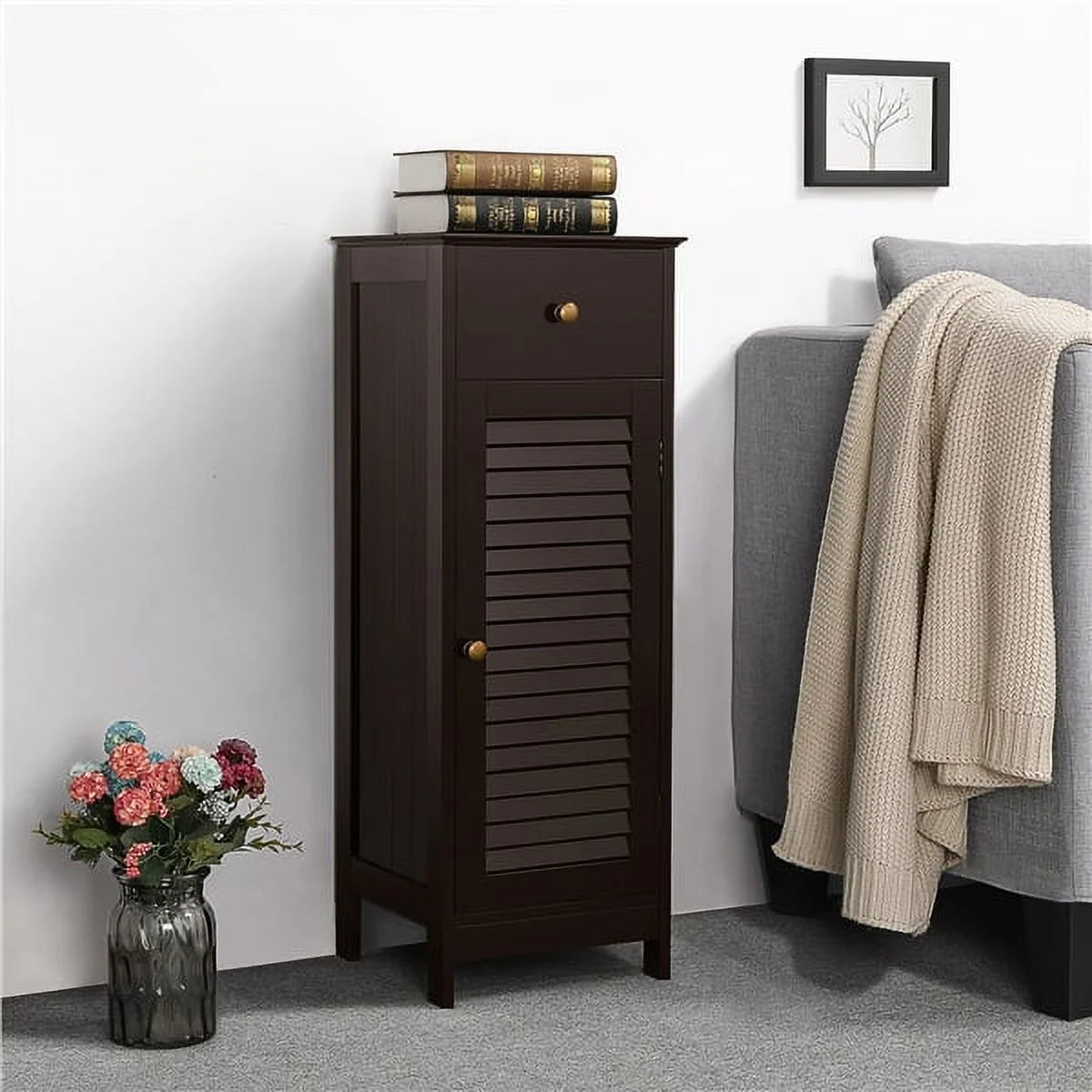 Espresso Wooden Bathroom Floor Storage Cabinet with Drawer and Single Shutter Door C670513