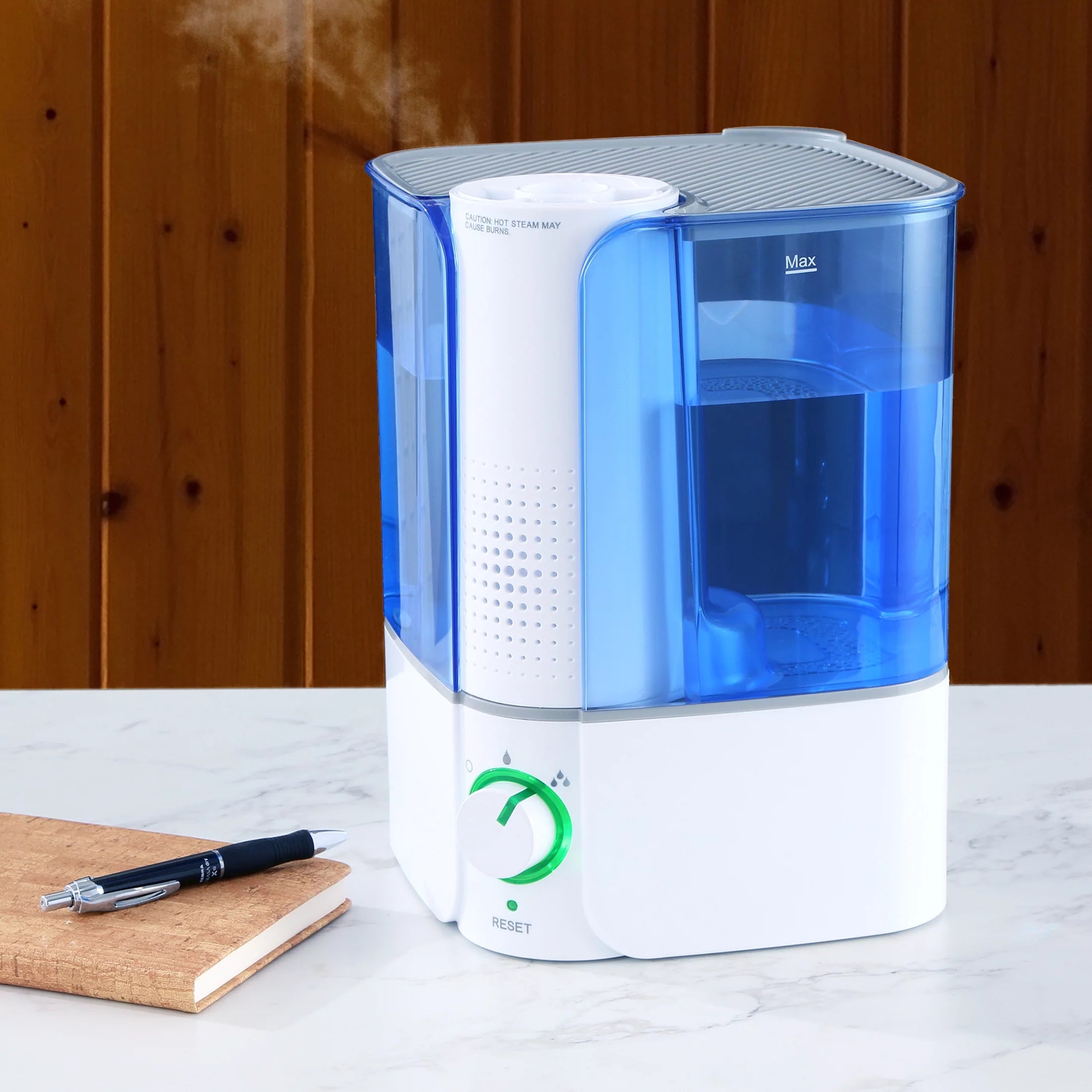 Warm Mist Humidifier, Filter Free, White & Blue, Top Fill, 1.3 Gallon N946