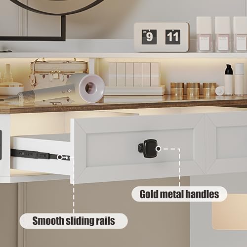 White Glass Top Corner Vanity Desk with Mirror and Lights, 4 Drawers Z437806