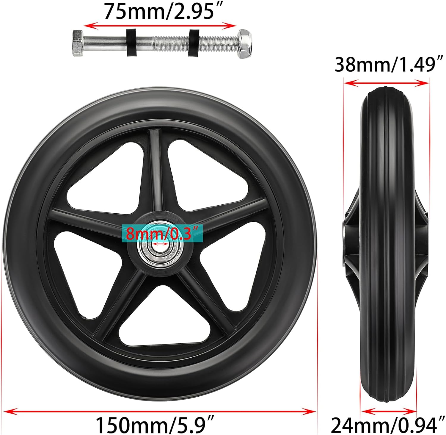 2PCS 6 Inch Rubber Wheelchair Front Wheels Replacement Casters Black O654980