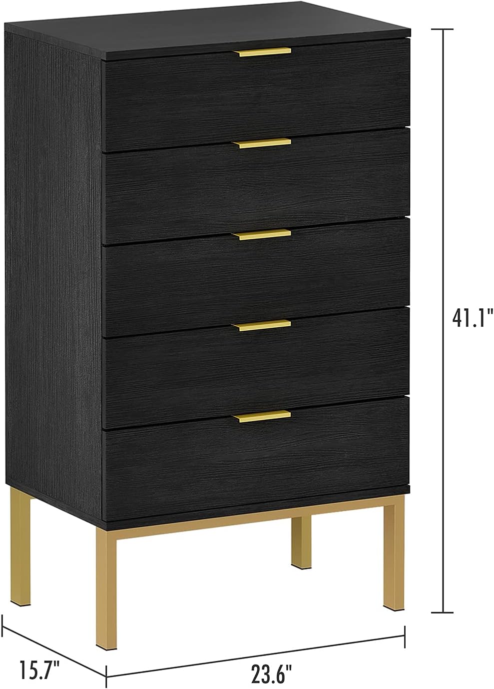 Black 5 Drawer Wood Dresser with Gold Metal Legs H285