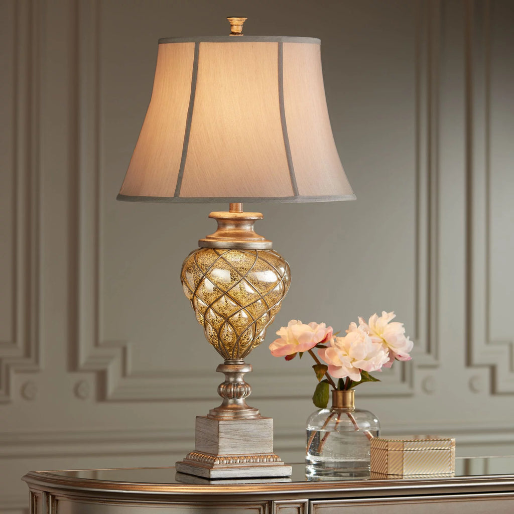 Large Traditional End Table Lamps Set of 2 Gold Silver Finish Mercury Glass N298