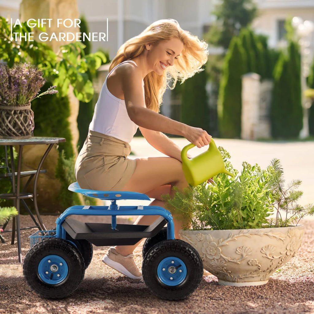 Blue Heavy Duty Rolling Garden Tool Cart with Seat and Storage Z2547