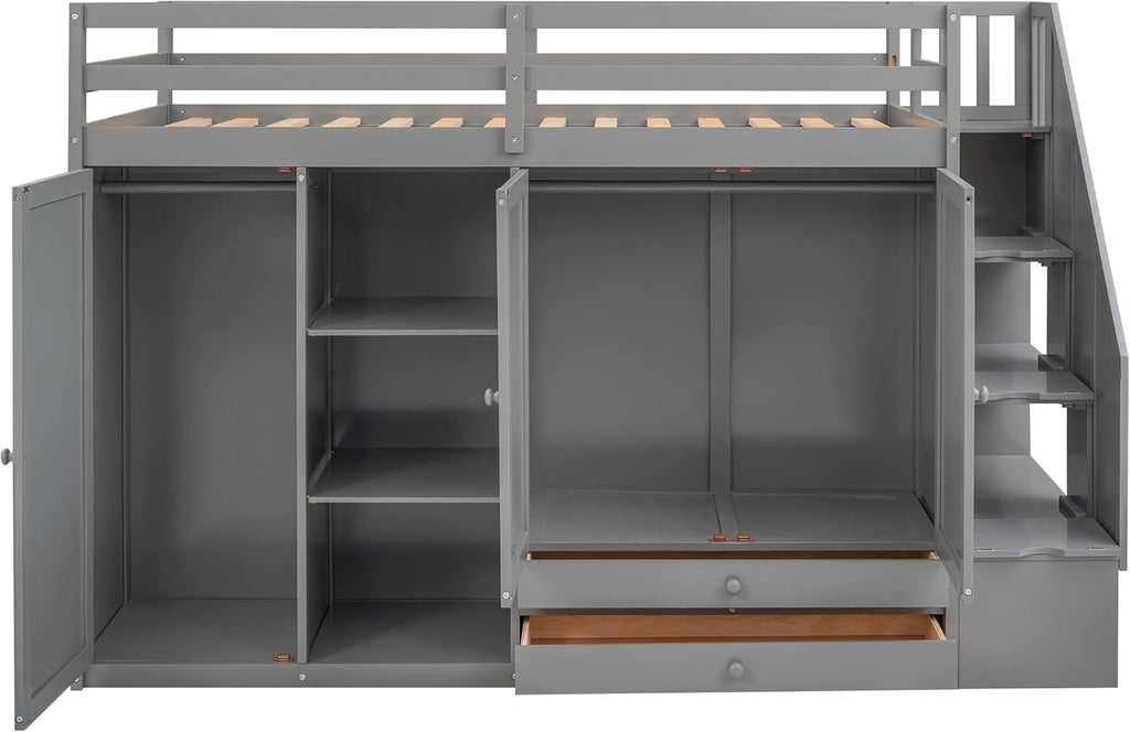 Twin Size Wooden Loft Bed with 3 Shelves, 2 Wardrobes, 2 Drawers, Ladder V848045