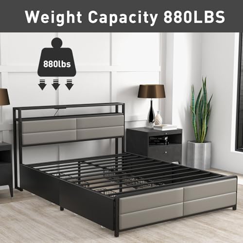 Grey Full Size Bed Frame with 4 Storage Drawers Q115945
