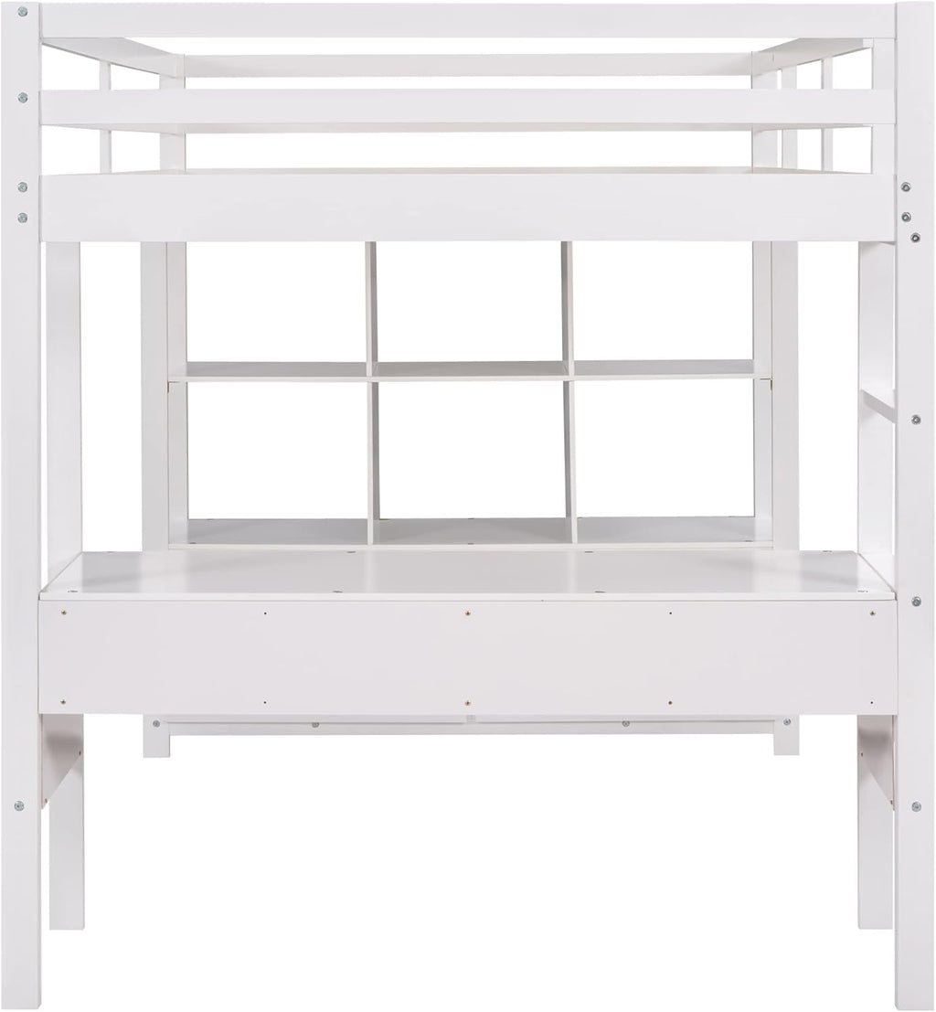 White Wooden Loft Bed with Built-in Desk and Two Drawers H377687