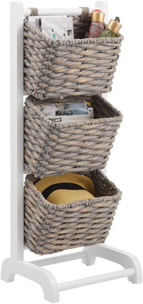 3 Tier Vertical Wood Storage Basket Stand with 3 Basket Bins - White/Natural/Tan Y123