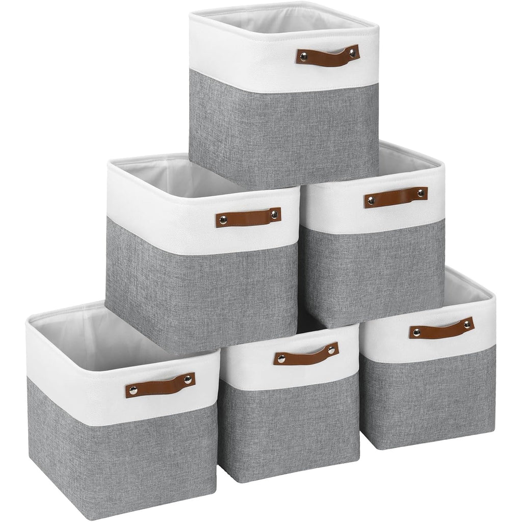 11x11 inch Foldable Cube Storage Bins with Leather Handles (White/ Blue) M823