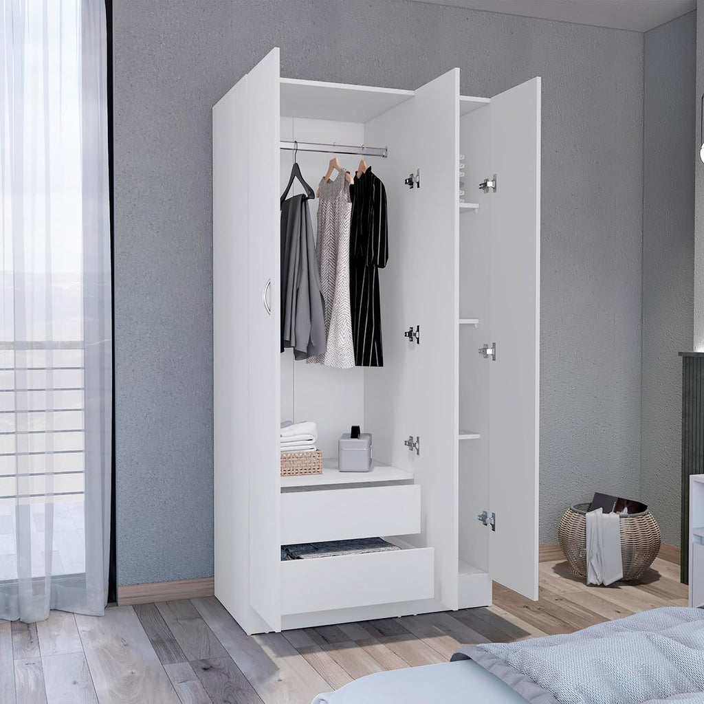 White 3-Door Wardrobe Armoire with 2 Drawers W669