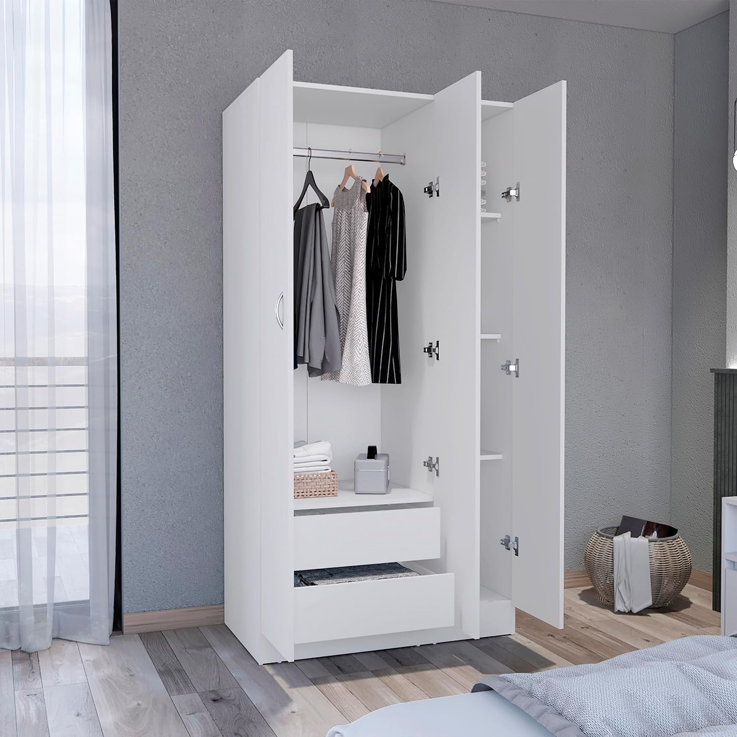 White 3-Door Wardrobe Armoire with 2 Drawers W669