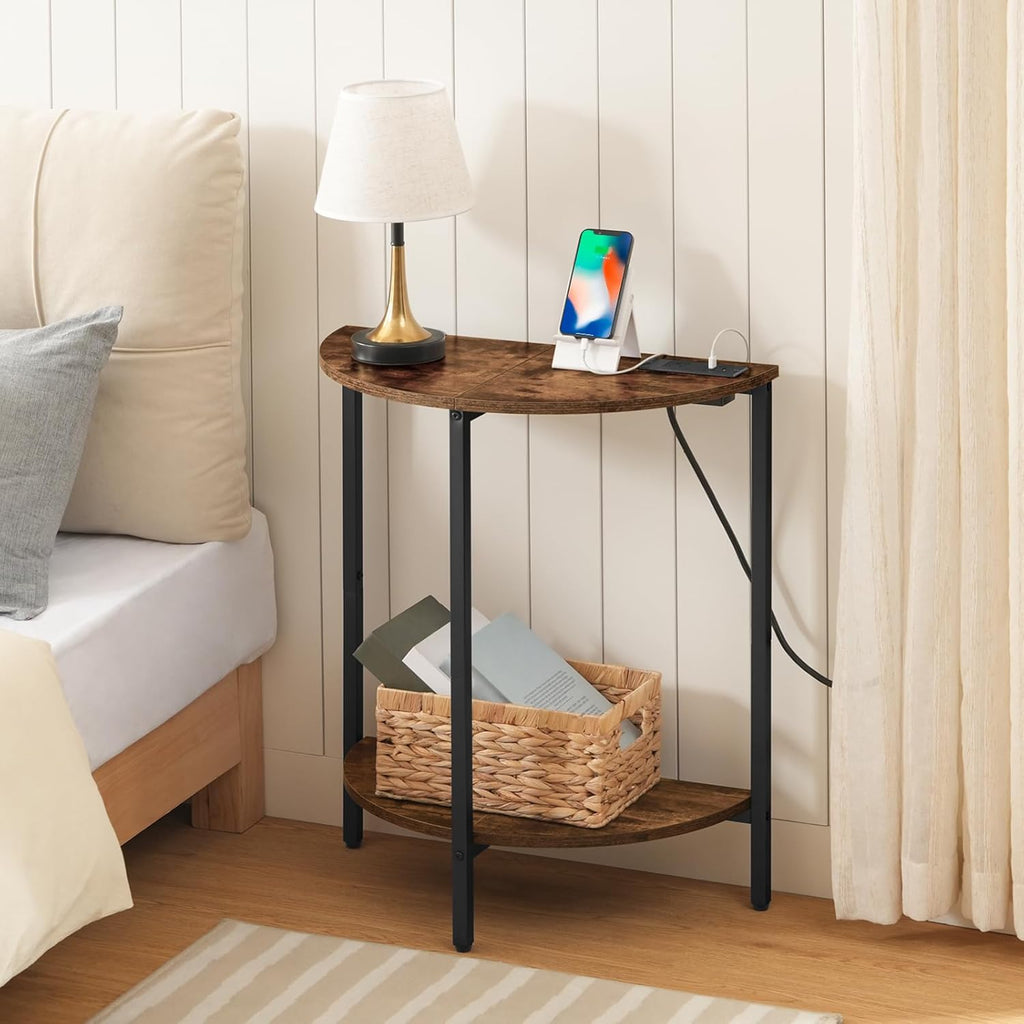 Rustic Brown and Black Half Moon Table with Charging Station I90872
