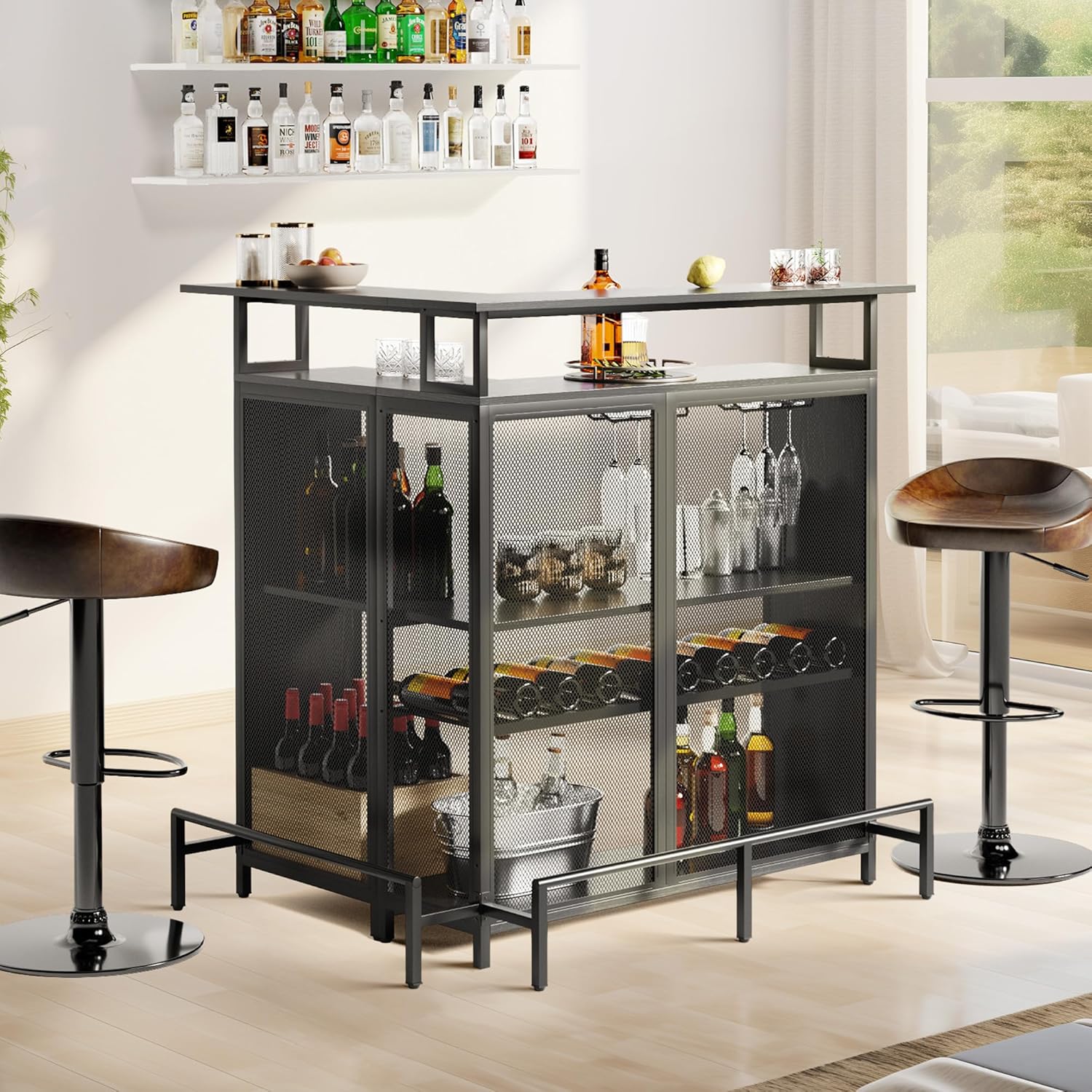 Black L Shaped Mini Home Bar Unit with Music Sensing LED Light, Tall Bars Furniture Table with Wine Rack Alcohol Storage Glasses Hanger Footrest E3108