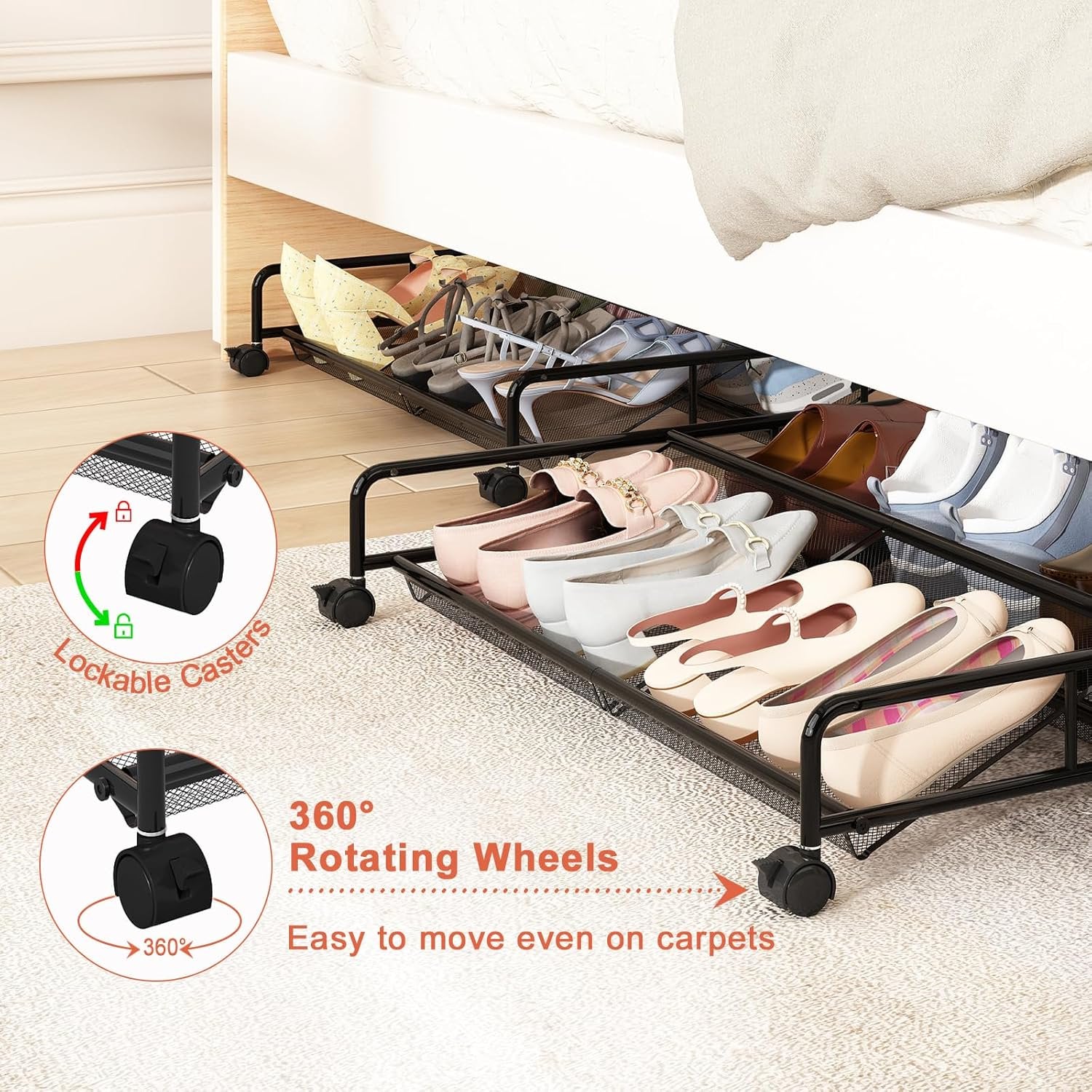 2 Pack Metal Mesh Under Bed Shoe Storage Organizer with Wheels D976