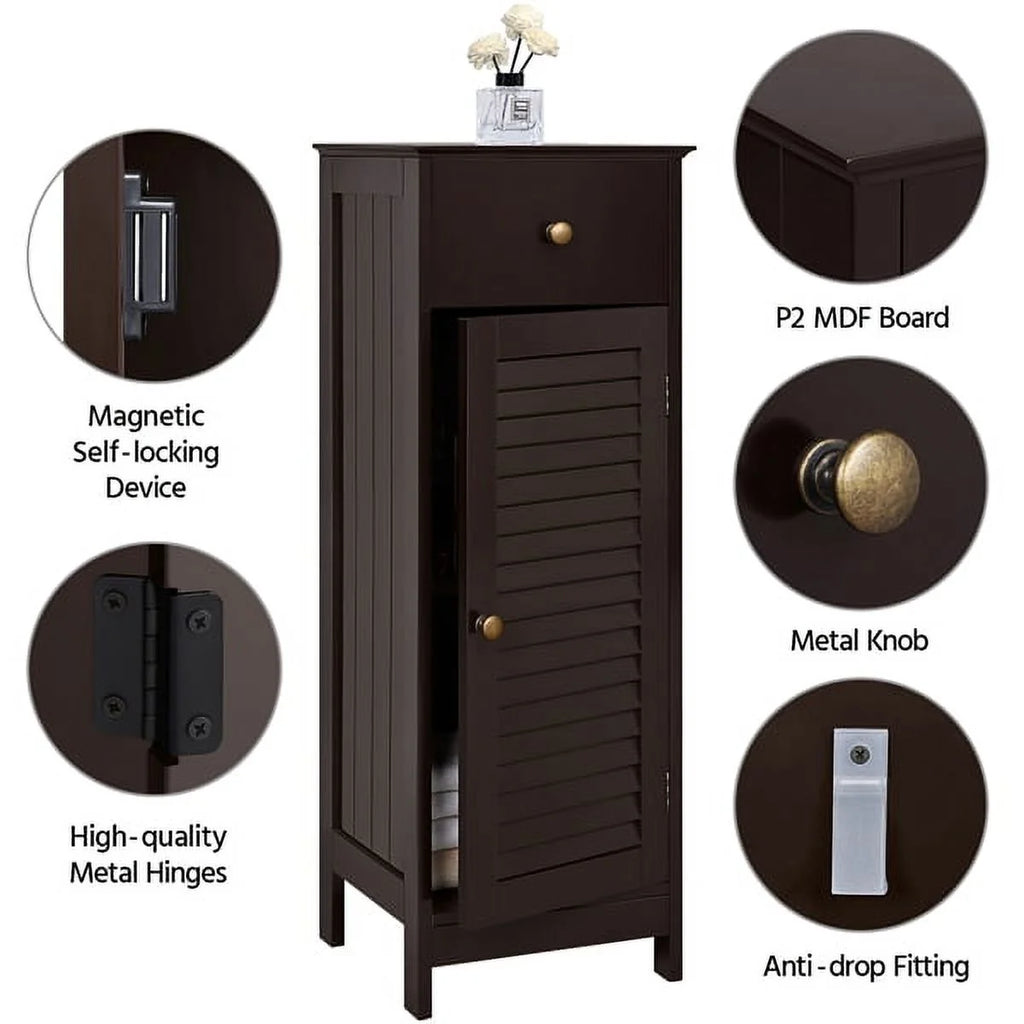 Espresso Wooden Bathroom Floor Storage Cabinet with Drawer and Single Shutter Door C670513