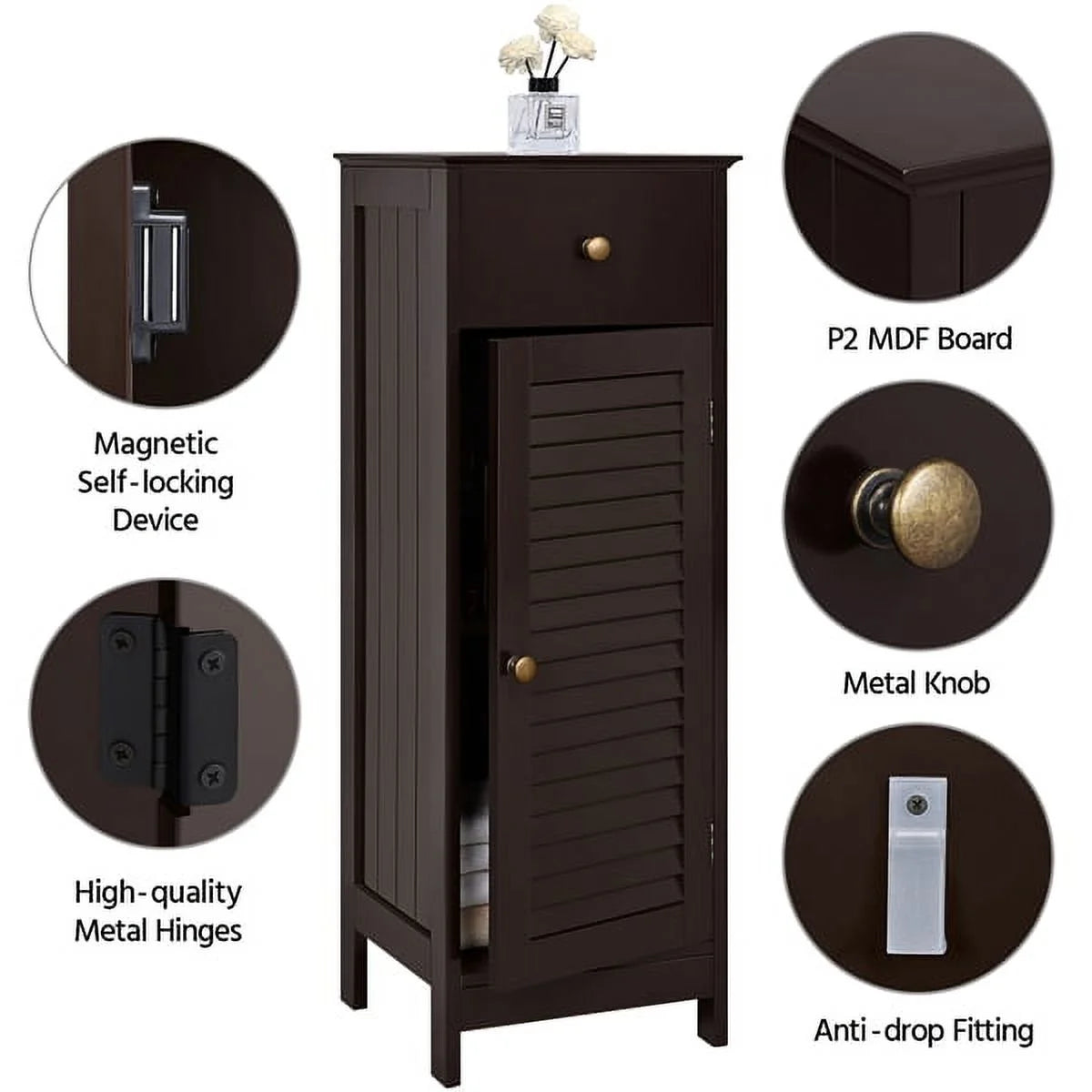 Espresso Wooden Bathroom Floor Storage Cabinet with Drawer and Single Shutter Door C670513
