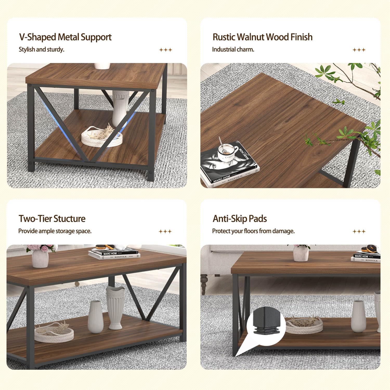 Rustic Walnut Coffee Table with Storage Shelf B1008