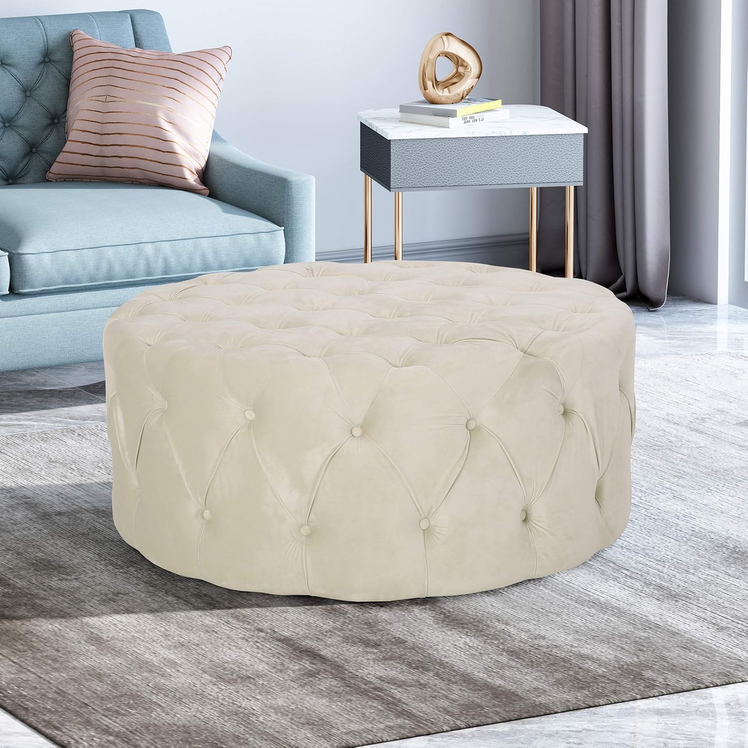 Beige Round Tufted Velvet Ottoman M936378