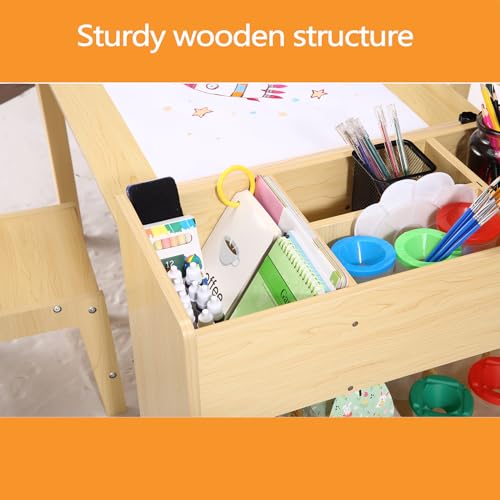 Kids Art Table with 2 Chairs Wood Activity Desk with Storage Shelves G60317