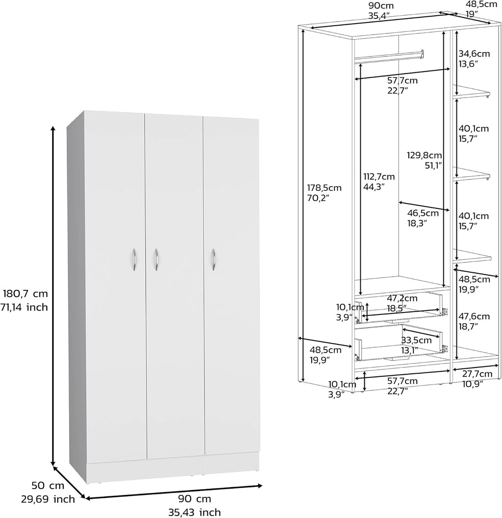 White 3-Door Wardrobe Armoire with 2 Drawers W669