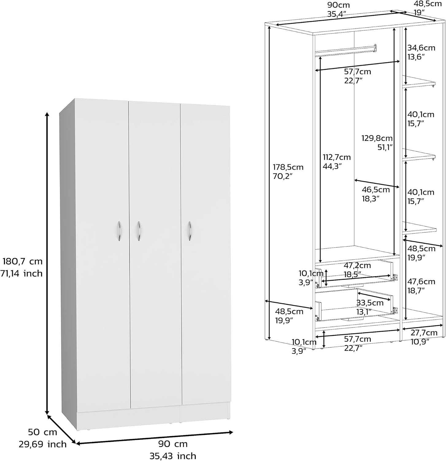 White 3-Door Wardrobe Armoire with 2 Drawers W669