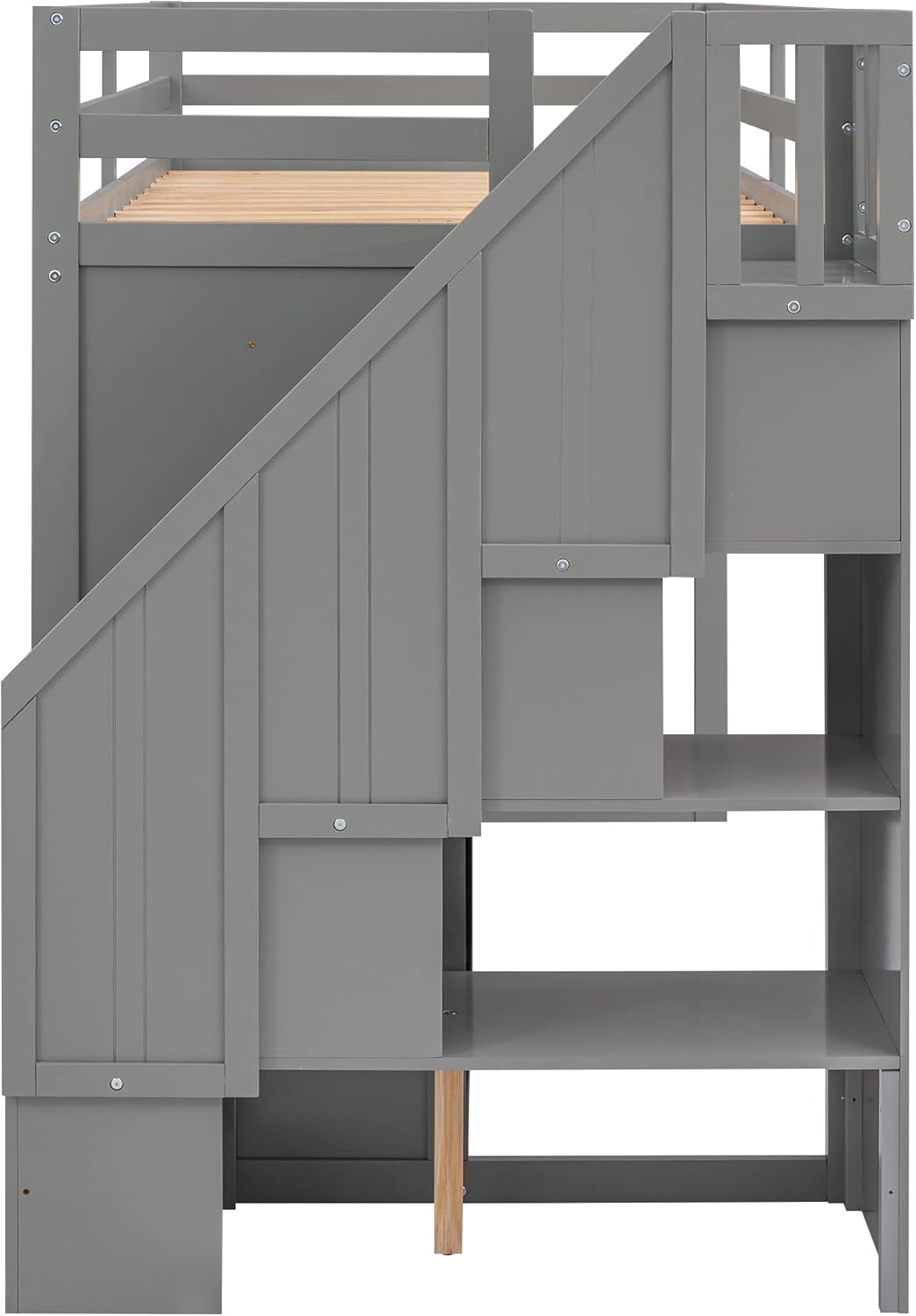 Twin Size Wooden Loft Bed with 3 Shelves, 2 Wardrobes, 2 Drawers, Ladder V848045