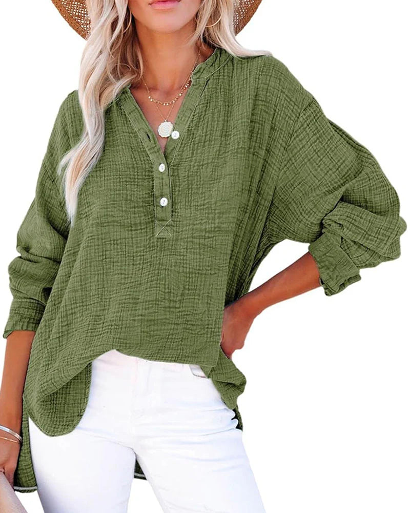Womens Button V Neck Long Sleeve Shirts Solid Blouses Tops S585