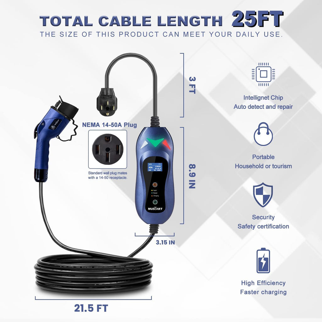 Portable Level 2 EV Charger, 240 Volt, 25ft Cable, 40 Amp Adjustable, NEMA 14-50P Q9214