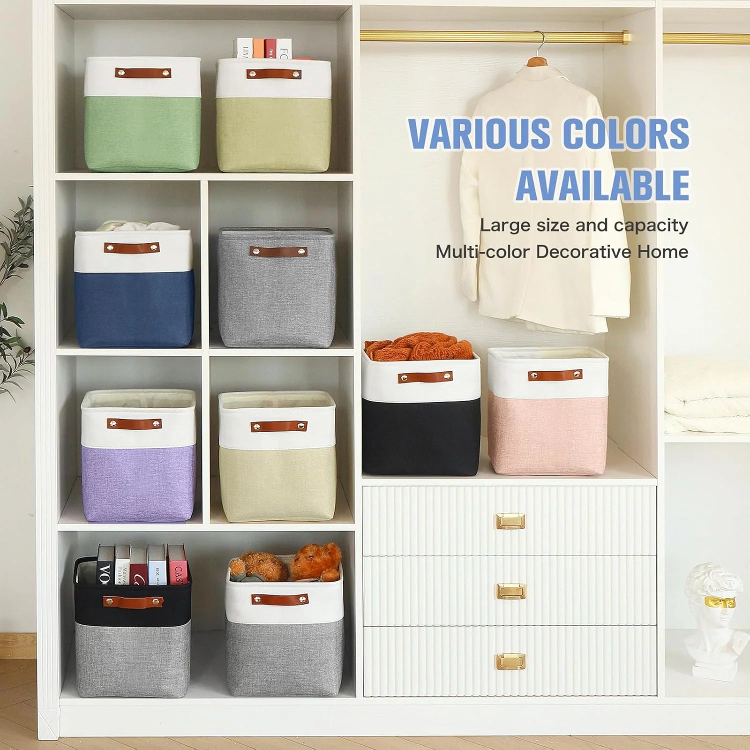 11x11 inch Foldable Cube Storage Bins with Leather Handles (White/ Blue) M823