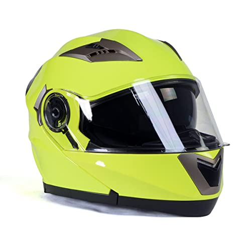 Neon Yellow Motorcycle Modular Helmet with Drop Down Visor K37827