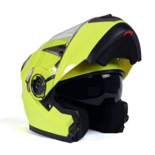 Neon Yellow Motorcycle Modular Helmet with Drop Down Visor K37827