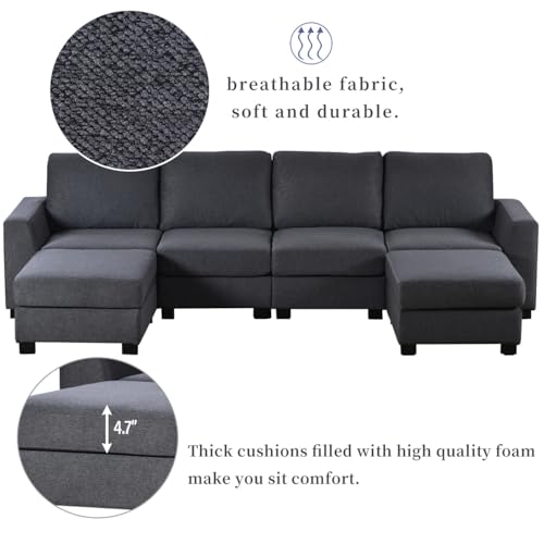 Large U-Shaped Sectional Sofa with Removable Ottomans, Gray Polyester N43038