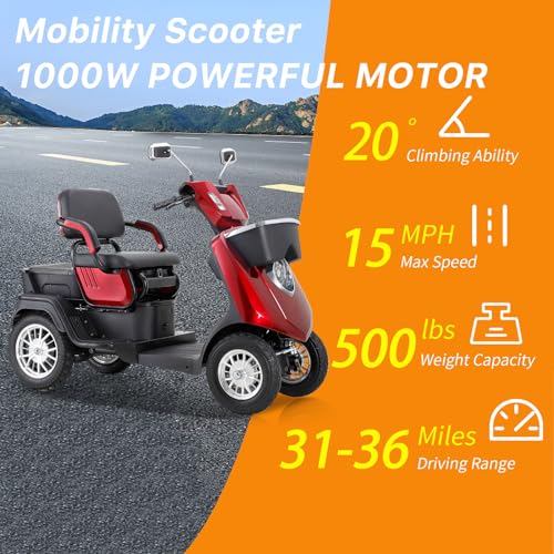 Red Heavy-Duty 4 Wheel Mobility Scooter 500lbs Capacity 1000W X26637