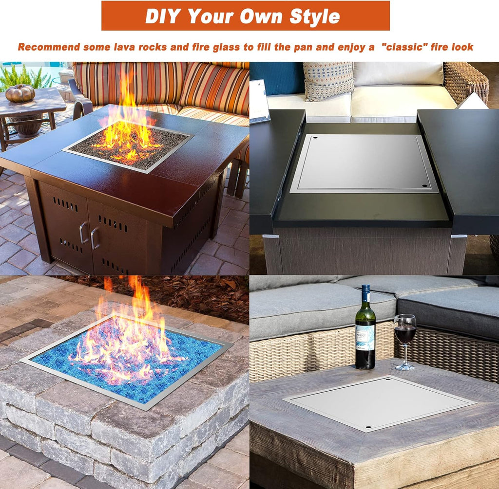 30" x 30" Square DIY Drop-in Firepit System Assembly Set with Stainless Steel Fire Pit Burner Pan, Burner Ring and Protective Cover E129623