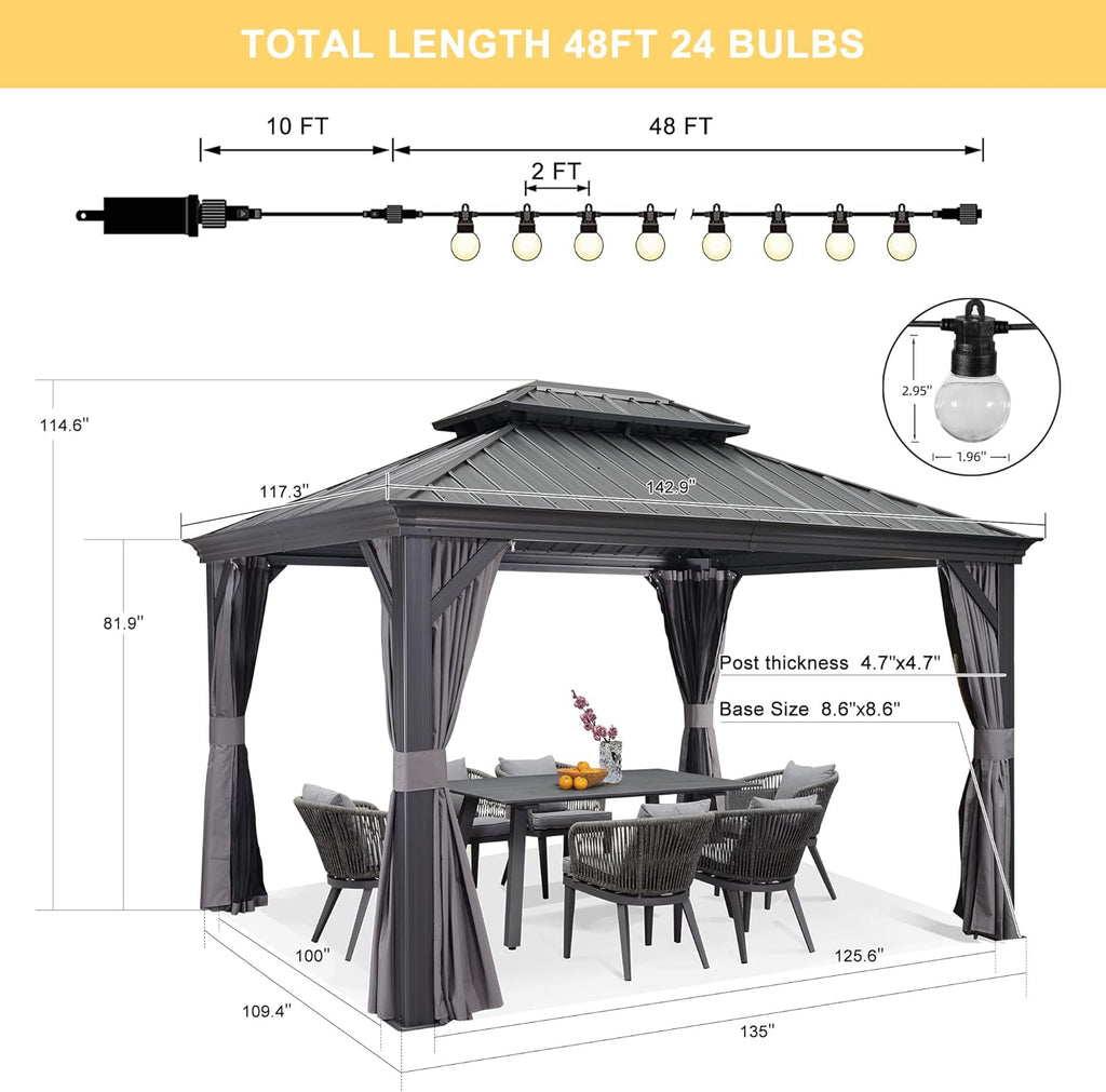 Grey 10' x 12' Hardtop Galvanized Steel Double Roof Gazebo R44908
