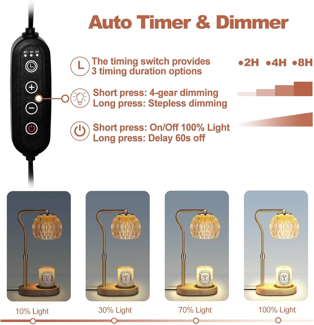 Candle Warmer Lamp with Timer & Dimmer, Height Adjustable, 2 Bulbs, Glass Shade T59134