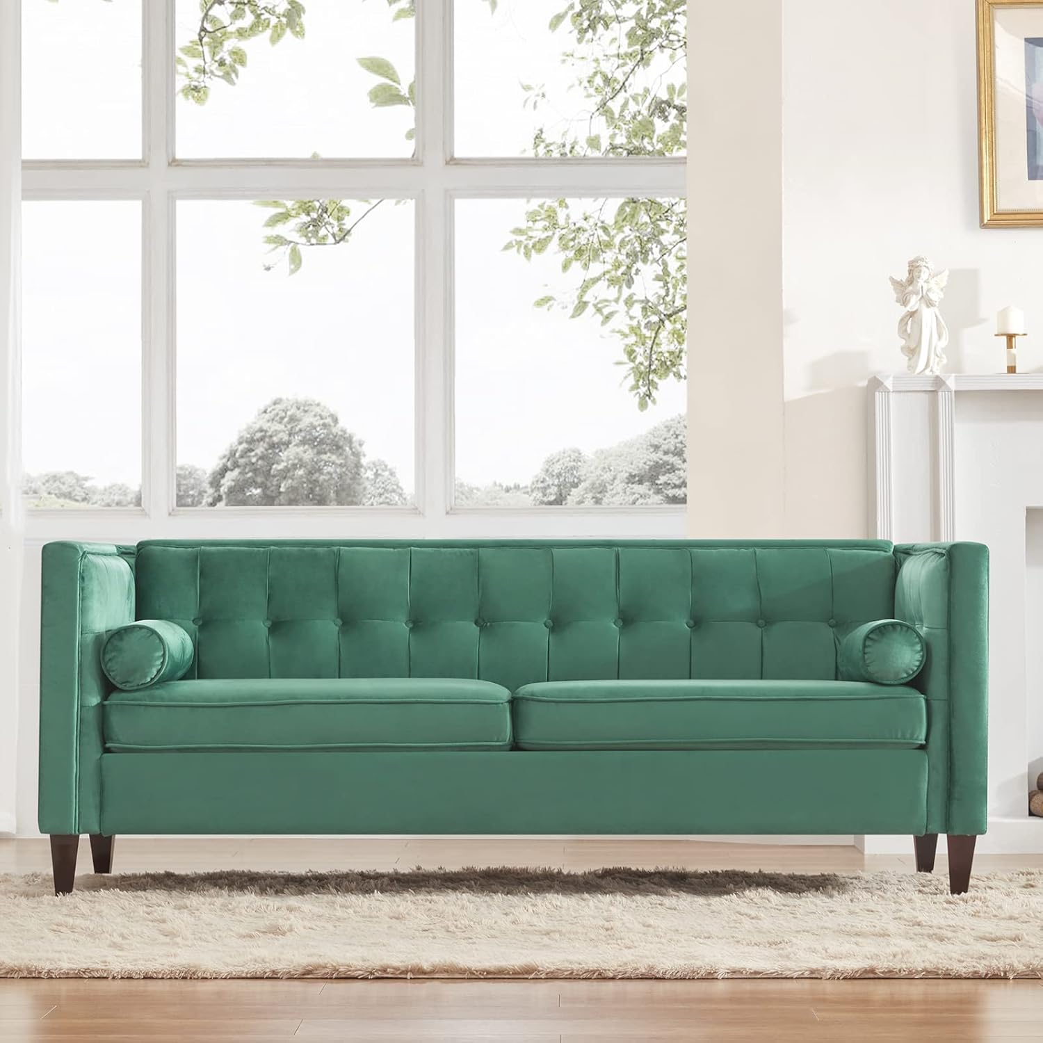 Green Velvet Sofa with Bolster Pillows K3856