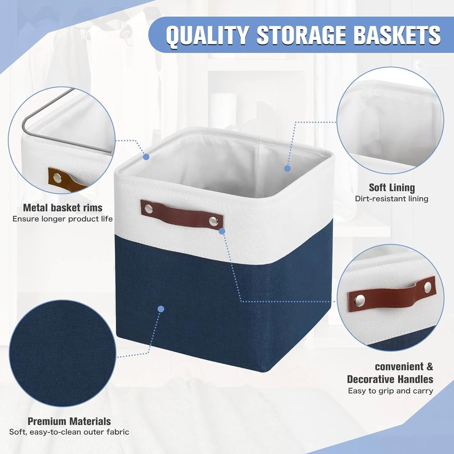 11x11 inch Foldable Cube Storage Bins with Leather Handles (White/ Blue) M823
