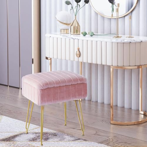 Pink Faux Fur Vanity Stool with Gold Metal Legs and Hidden Storage D82562