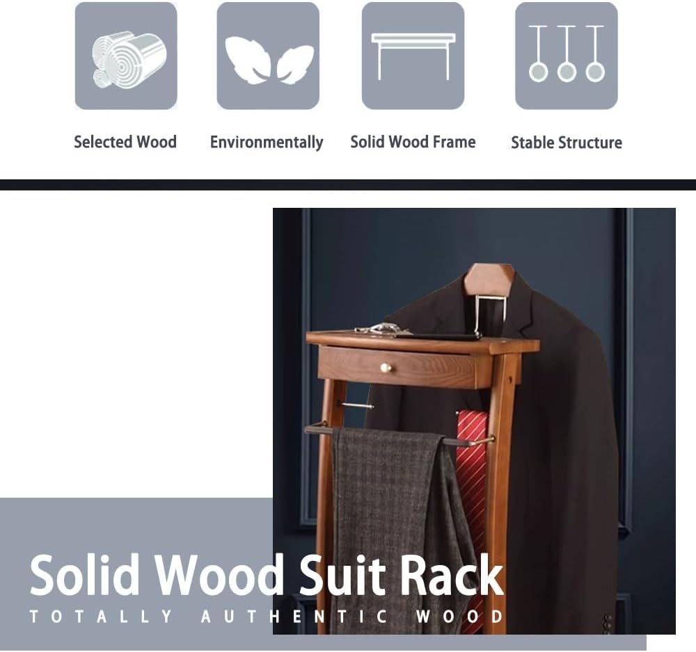 Solid Wood Suit Rack with Pants Bracket, Metal Valet Stand with Heavy Base, Wooden Clothes Valet with Tie Holder G1920