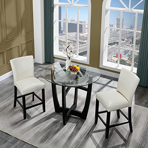 Ivory White Set of 2 Glass Counter Height Bar Stools with Upholstered Back K3667