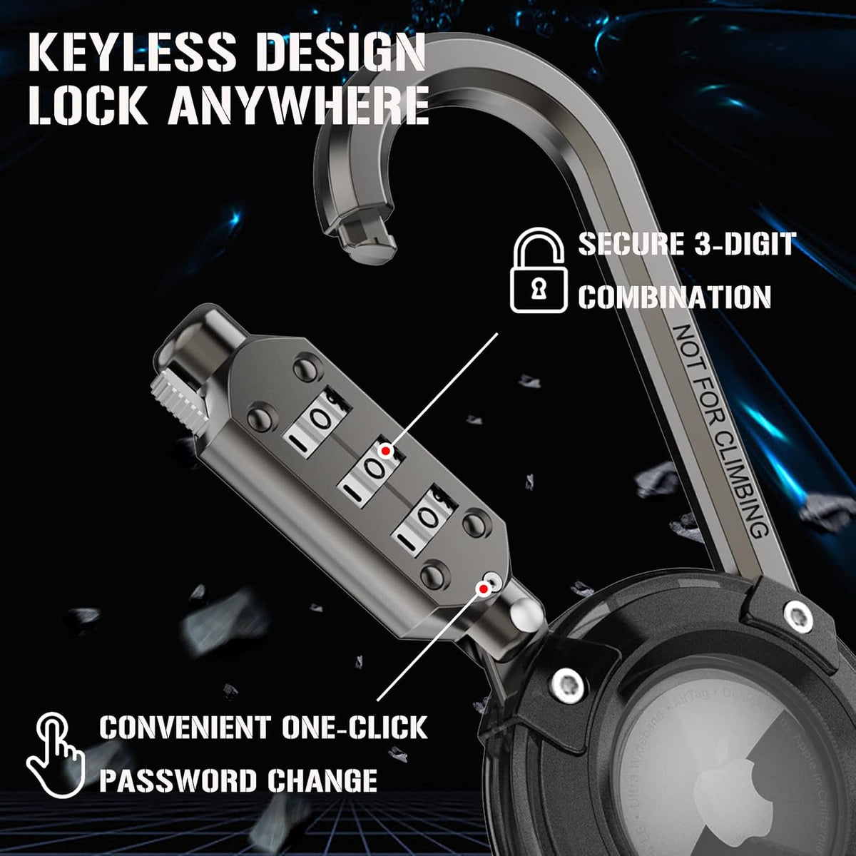 Airtag Holder with 3-Digit Combination Lock and Metal Carabiner N37027