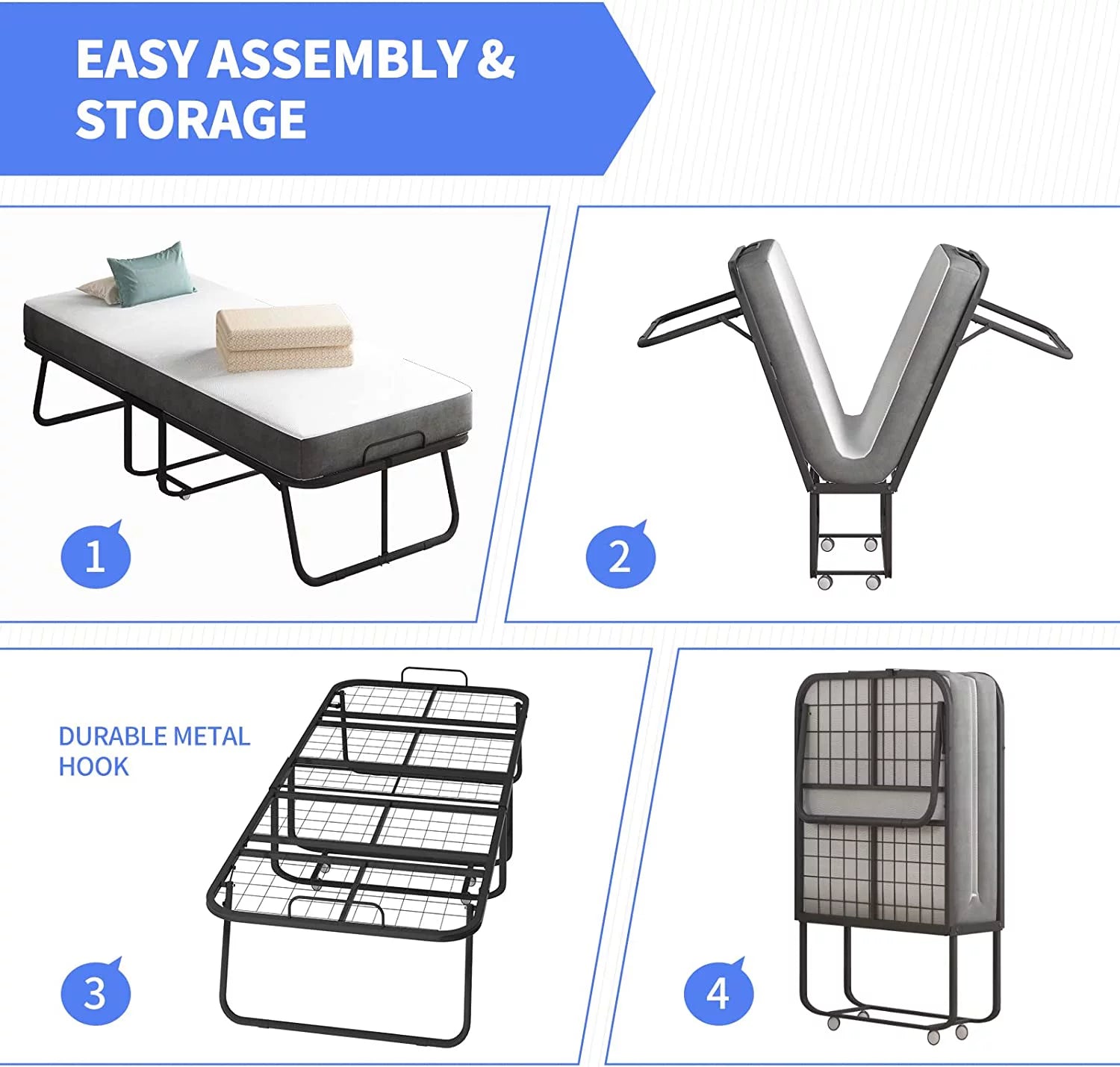 Folding Bed with 4 Inch Mattress and Lockable Wheels U897799