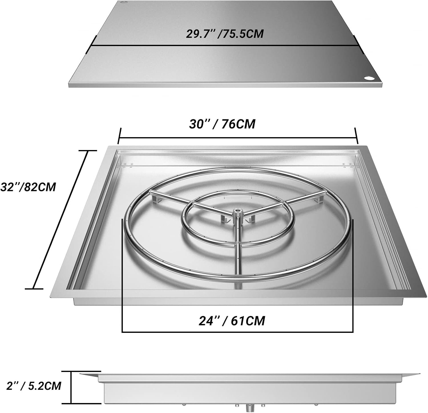 30" x 30" Square DIY Drop-in Firepit System Assembly Set with Stainless Steel Fire Pit Burner Pan, Burner Ring and Protective Cover E129623