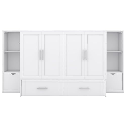 White Solid Wood Murphy Wall Bed with Storage and Bookcase Headboard H113
