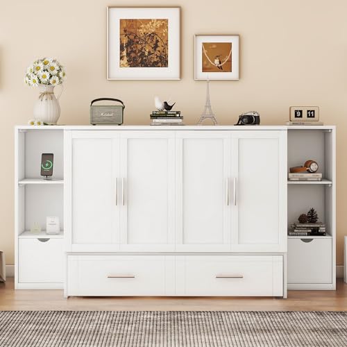 White Solid Wood Murphy Wall Bed with Storage and Bookcase Headboard H113