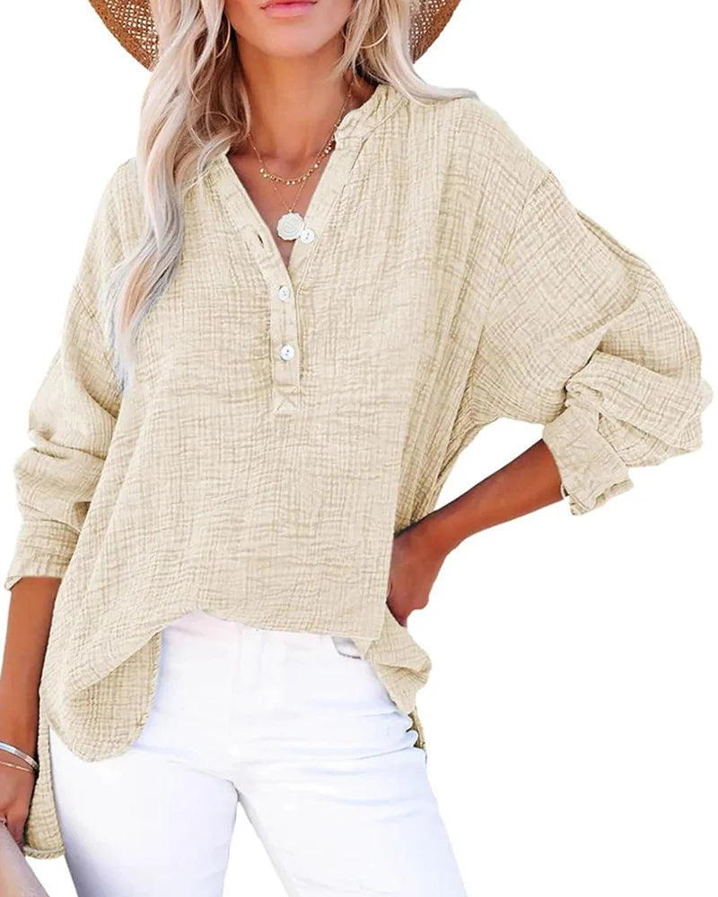 Womens Button V Neck Long Sleeve Shirts Solid Blouses Tops S585